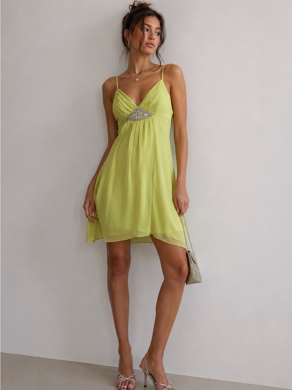 NWT Betsey Johnson 100% Silk Embellished Slip Dress Lime Green Size 6